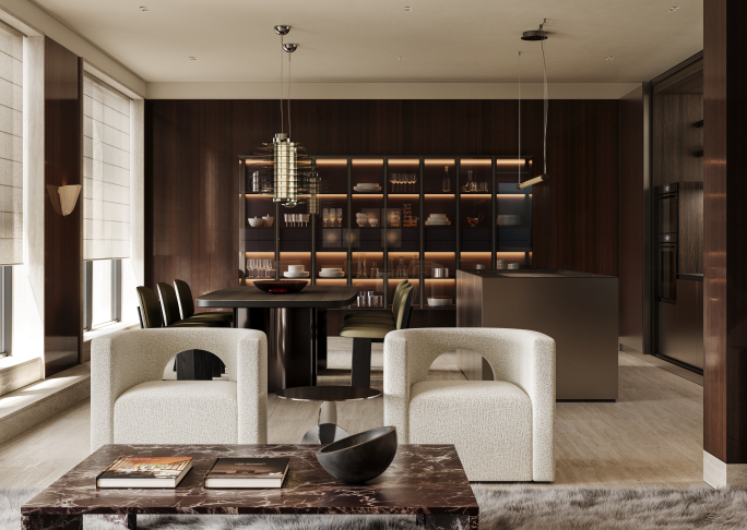 Кухня-гостиная с креслами Galotti H2O Lounge и кофейным столиком Cassina Ordinal Low Table Деньги говорят, богатство шепчет. Архитекторы творят