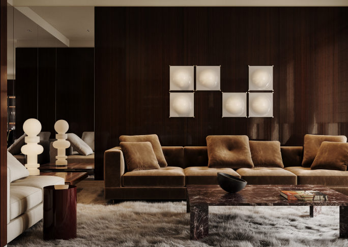 Дизайн-проект для клубного дома 'Фонтанка 130'. Вид на диванную группу Minotti с акцентными бра Martinelli Деньги говорят, богатство шепчет. Архитекторы творят