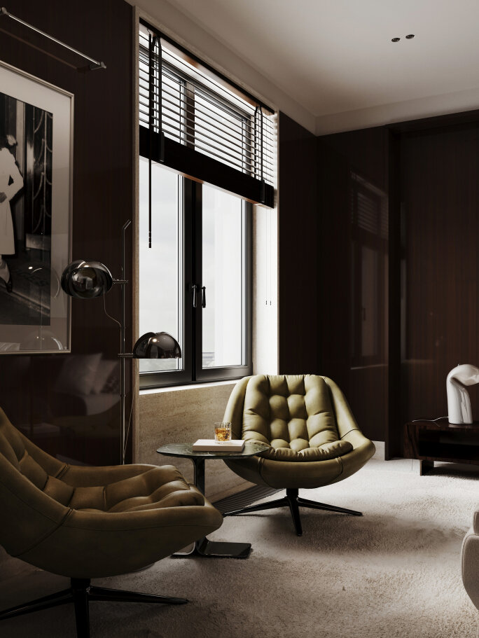 Вид на кресла Kendall и столик Ethan Деньги говорят, богатство шепчет. Архитекторы творят