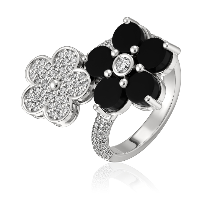 RS 1912 «Русские самоцветы» коллекция Forget me not. Кольцо из белого золота с ониксом и бриллиантами